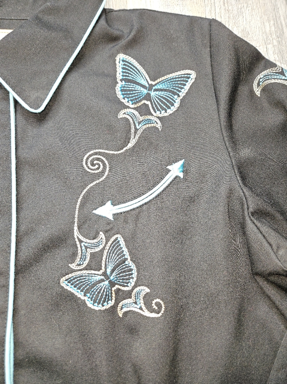 Scully Western Wear Butterfly Embroidery Snap Front Women's Large Black Teal - Picture 2 of 8